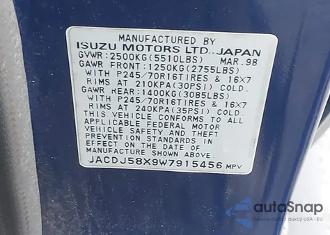 1998 Isuzu Trooper S from USA, damaged, VIN JACDJ58X9W7915456